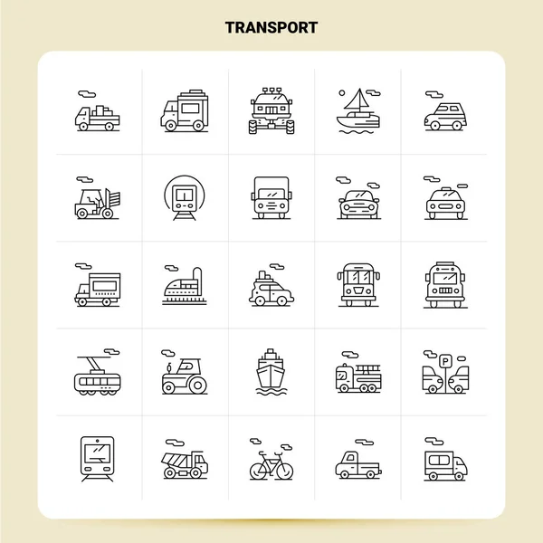 Esquema 25 Conjunto de iconos de transporte. Diseño de estilo de línea vectorial Ic negro — Archivo Imágenes Vectoriales