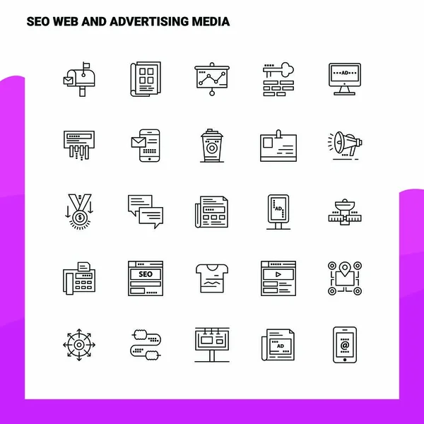 Conjunto de SEO web e mídia de publicidade Line Icon conjunto 25 ícones. Vec — Vetor de Stock