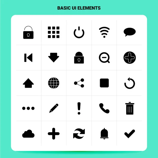 Solid 25 Basic Ui Elements Icon set. Diseño de estilo de glifo vectorial B — Vector de stock