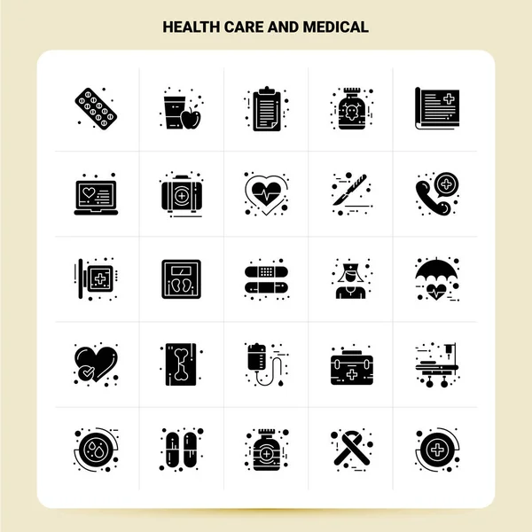 Solid 25 Cuidados de saúde e conjunto de ícones médicos. Vector Glyph Estilo De — Vetor de Stock