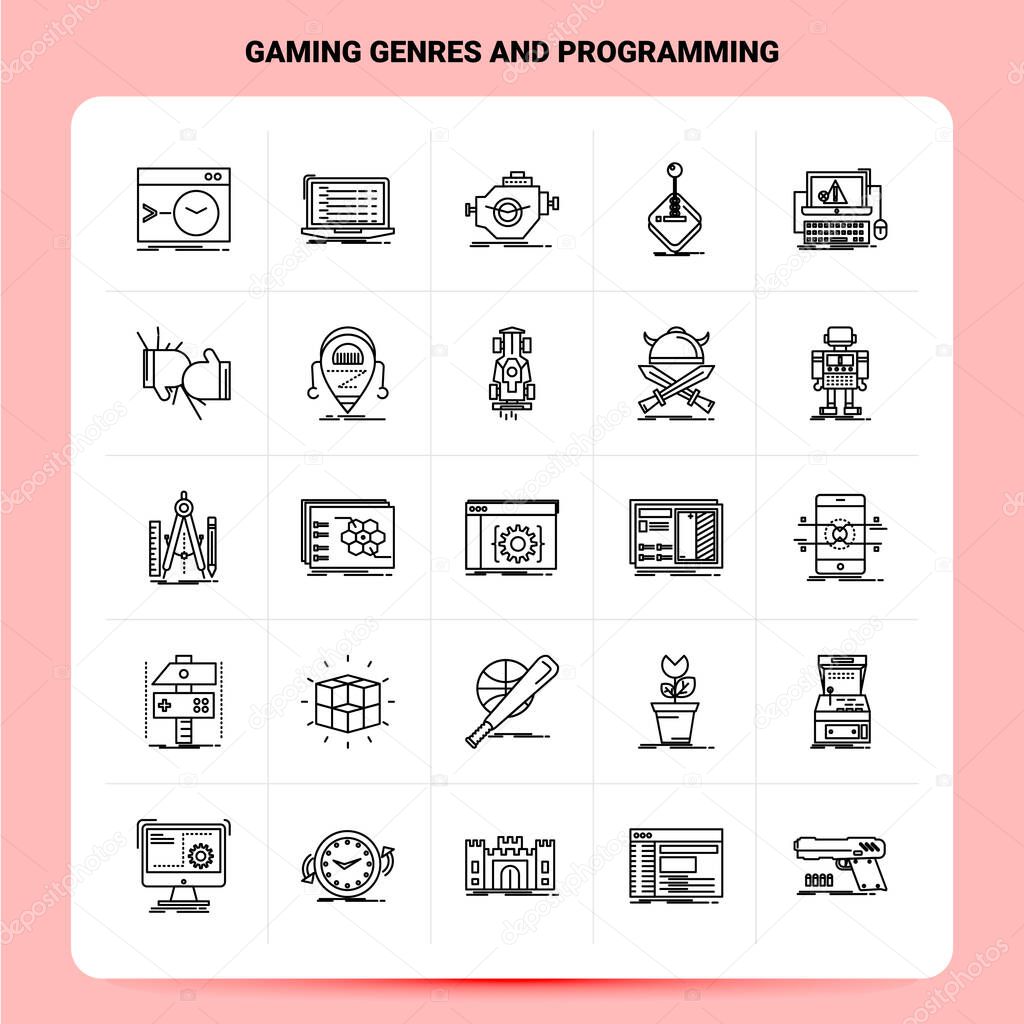 OutLine 25 Gaming Genres And Programming Icon set. Vector Line S