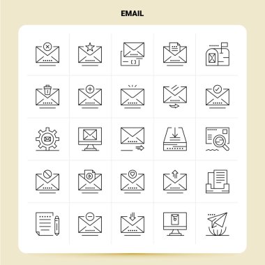 Taslak 25 E- posta Simgesi ayarlandı. Vektör Satırı Biçim Tasarımı Siyah Simgeler 