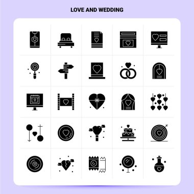25. Sevgi ve Düğün Simgesi seti. Vektör Glyph Biçim Tasarımı Bl