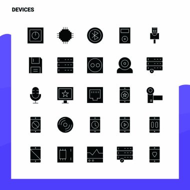 25 Aygıt Simgesi ayarlandı. Solid Glyph Simge Vektör İllüstrasyonu Templa