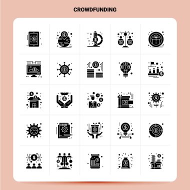Solid 25 Crowdfunding Icon seti. Vektör Kabartma Biçimi Tasarımı Siyah 