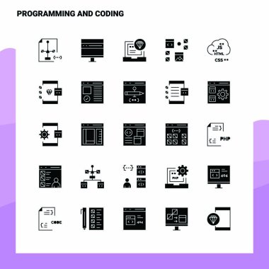 25 programlama ve kodlama simgesi ayarlandı. Solid Glyph Simge Vektörü Illu