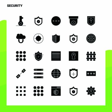 25 Güvenlik Simgesi ayarlandı. Solid Glyph Simge Vektör İllüstrasyon Templ