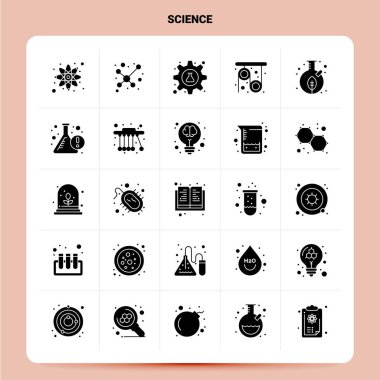 Solid 25 Science Icon seti. Vektör Kabartma Biçimi Tasarımı Siyah Simgeler