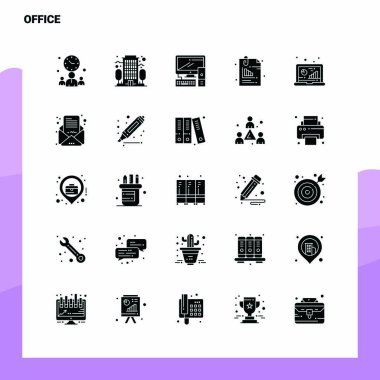 25 ofis simgesi ayarlandı. Solid Glyph Simge Vektör İllüstrasyon Şablonu