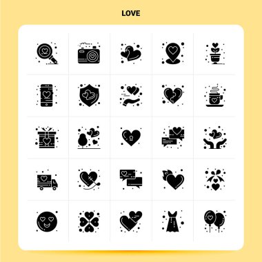 25 Love Icon seti. Vektör Kabartma Biçimi Tasarımı Siyah Simgeler Se