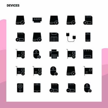 25 Aygıt Simgesi ayarlandı. Solid Glyph Simge Vektör İllüstrasyonu Templa