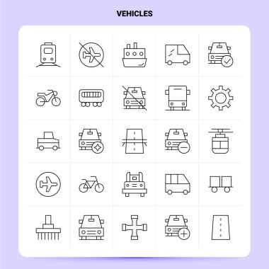 Taslak 25 Araç Simgesi ayarlandı. Vektör Satırı Biçimi Tasarımı Siyah Ico