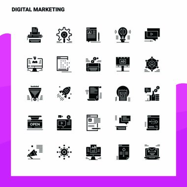 25 Dijital Pazarlama Simgesi. Solid Glyph Simge Vektörü İllustrat