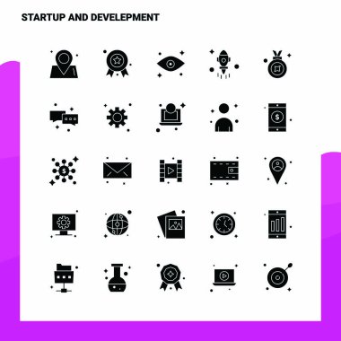 25 Başlangıç ve Geliştirme Simgesi seti. Solid Glyph Simge Vektörü III