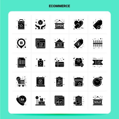 Katı 25 Etrade Icon seti. Vektör Kabartma Biçimi Tasarımı Siyah Ico