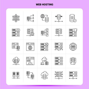 Taslak 25 Web Sunucu Simgesi seti. Vektör Satırı Biçim Tasarımı Siyah 