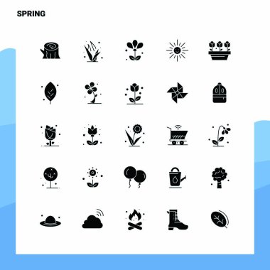 25 Spring Icon seti. Solid Glyph Simge Vektör İllüstrasyon Şablonu