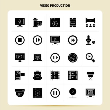 Solid 25 Video Yapım Simgesi seti. Vektör Glyph Biçim Tasarımı Bl