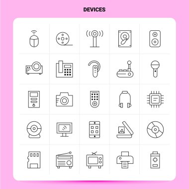 Taslak 25 Aygıt Simgesi ayarlandı. Vektör Satırı Biçimi Tasarımı Siyah Simge