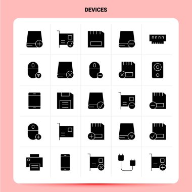Katı 25 Aygıt Simgesi ayarlandı. Vektör Kabartma Biçimi Tasarımı Siyah Simgeler