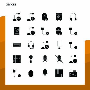 25 Aygıt Simgesi ayarlandı. Solid Glyph Simge Vektör İllüstrasyonu Templa