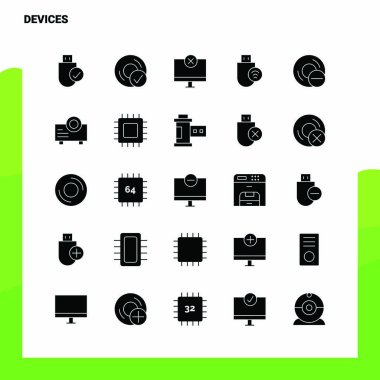 25 Aygıt Simgesi ayarlandı. Solid Glyph Simge Vektör İllüstrasyonu Templa