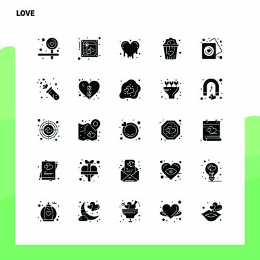 25 Love Icon seti. Solid Glyph Simge Vektör İllüstrasyon Şablonu 