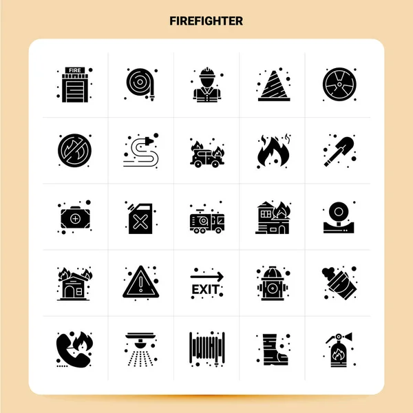 Solide 25 Feuerwehrmann Symbol-Set. Vektor glyph style design schwarz i — Stockvektor