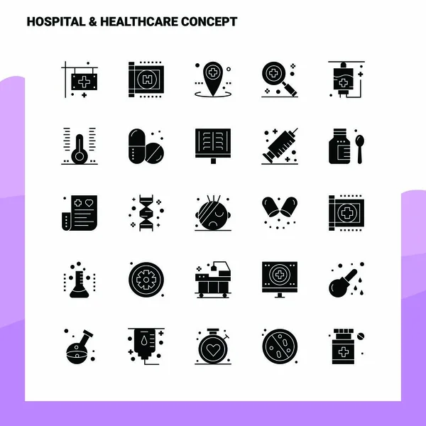 25 Hôpital & Soins de santé Concept Icône ensemble. Icône de glyphe solide Vect — Image vectorielle