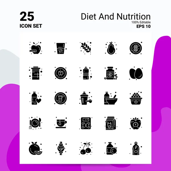25 Diet och kost Ikon Set. 100% redigerbara Eps 10 filer. Busi — Stock vektor