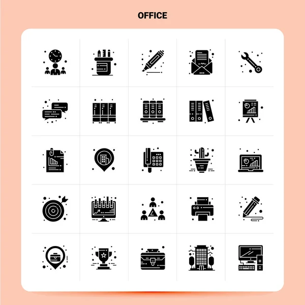 Solide 25 Büro-Icon-Set. Vektor-Glyphen-Stil Design schwarze Symbole — Stockvektor