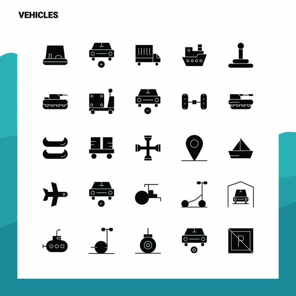 25 Ikona pojazdów zestaw. Solid Ikona wektora glifa Ilustracja Templ — Wektor stockowy