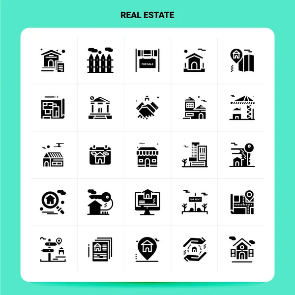 Sada Solid 25 Real Estate Icon. Design stylu vektoru Glyph Black I — Stockový vektor