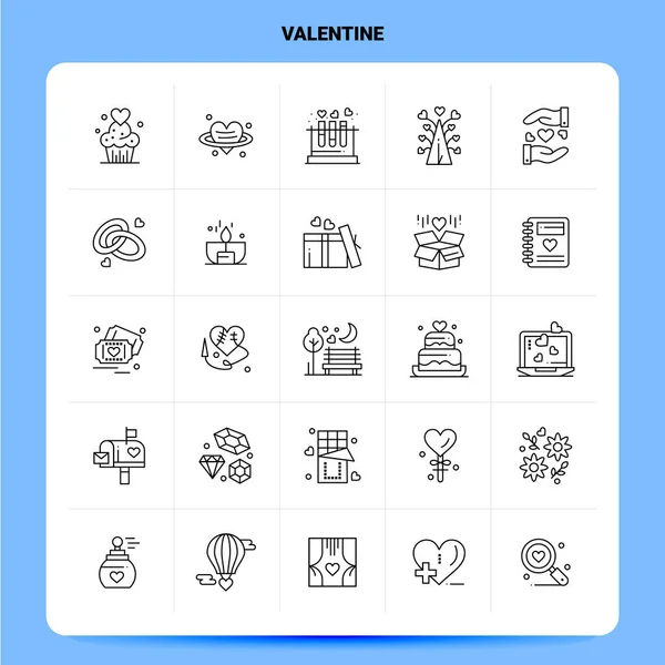 Obrys 25 Valentine Icon set. Návrh stylu vektorové čáry černý Ic — Stockový vektor