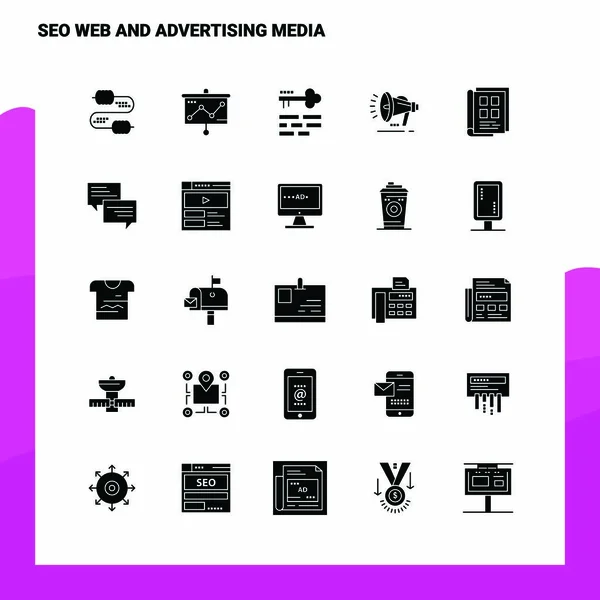 25 Seo web a reklamní média Sada ikon. Solid Glyph Icon Vect — Stockový vektor