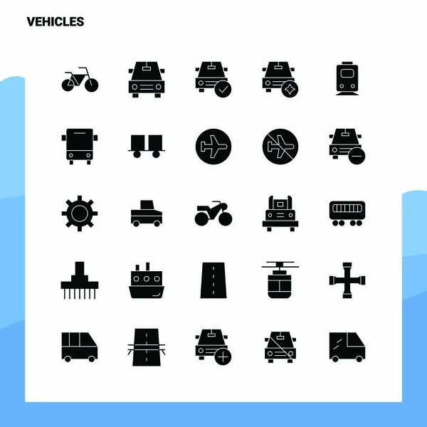 Conjunto de iconos de 25 vehículos. Glifo sólido Icono Vector Ilustración Templ — Vector de stock