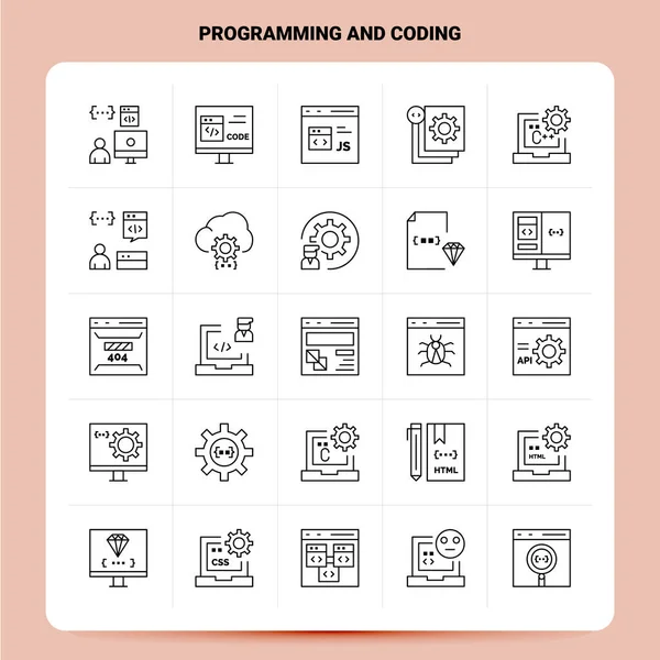 Esquema 25 Conjunto de iconos de programación y codificación. Estilo de línea vectorial De — Vector de stock