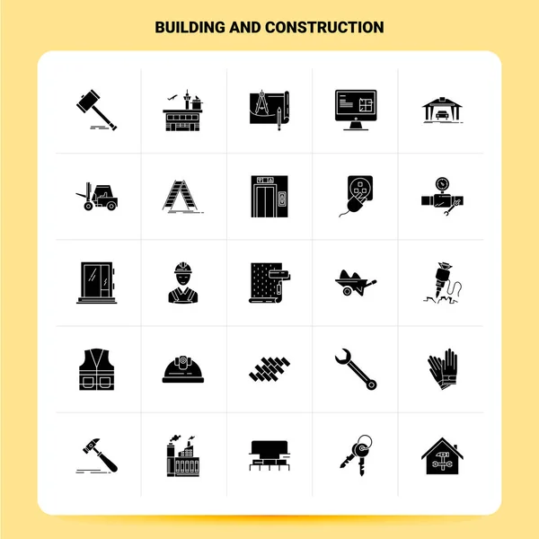 Solidny zestaw 25 ikon budowlano-budowlanych. Styl wektorowy glif — Wektor stockowy