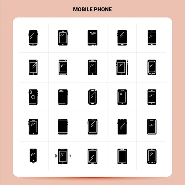 25 комплектов икон для мобильных телефонов. Векторный стиль глифов Черный — стоковый вектор