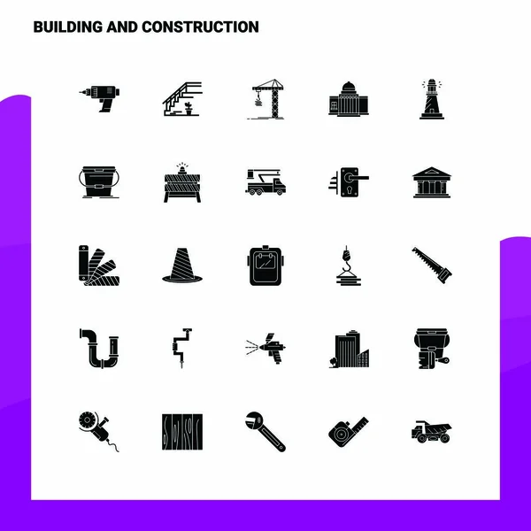 25 Building and Construction Icon set. Solid Glyph Icon Vector I — Stock Vector
