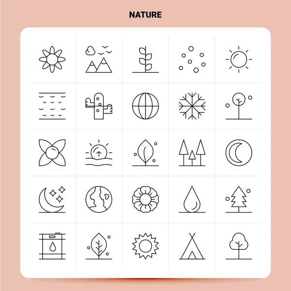 Esquema 25 Naturaleza Conjunto de iconos. Vector Línea Estilo Diseño Iconos Negro — Vector de stock