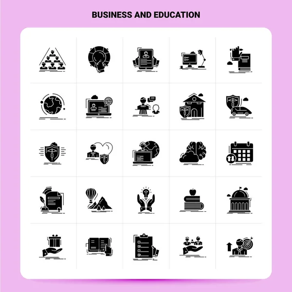 Solidny zestaw 25 ikon biznesu i edukacji. Styl wektorowy glif Des — Wektor stockowy
