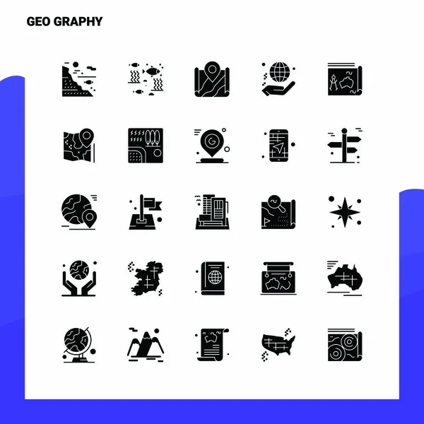 25 Geo Graphy Icon set 。 固体象形图标矢量图解Tem — 图库矢量图片