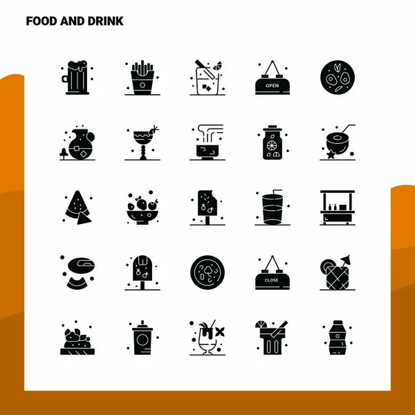 25 yiyecek ve içecek ikonu seti. Solid Glyph Simge Vektör İllüstrasyonu — Stok Vektör