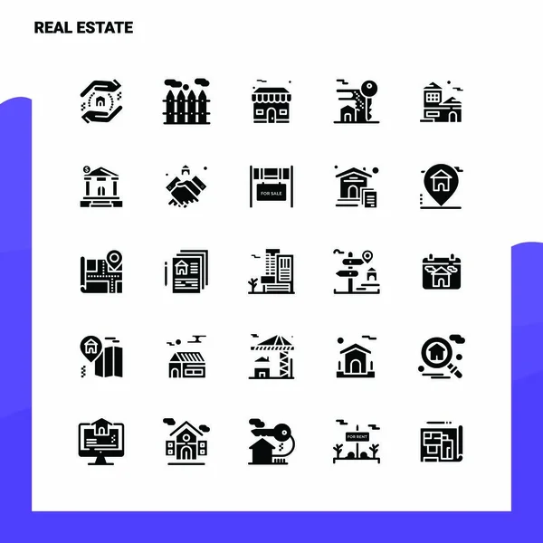 Set di 25 Icone Immobiliari. Illustrazione vettoriale dell'icona del glifo solido Te — Vettoriale Stock