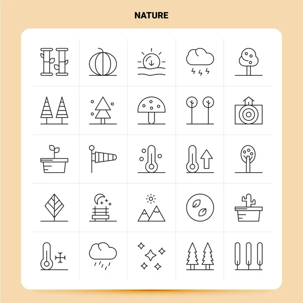 Esquema 25 Naturaleza Conjunto de iconos. Vector Línea Estilo Diseño Iconos Negro — Vector de stock