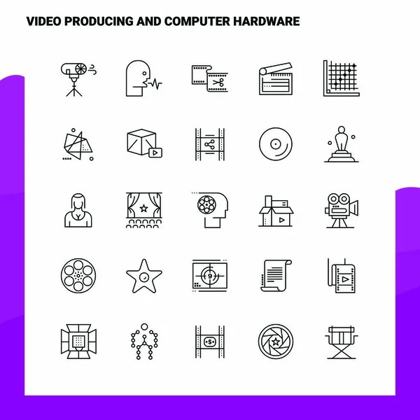 Ensemble d'icônes de ligne de production vidéo et de matériel informatique 25 Ic — Image vectorielle