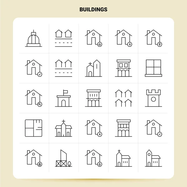 Περίγραμμα 25 Buildings Icon set. Διανυσματική γραμμή στυλ σχεδίασης μαύρο Ic — Διανυσματικό Αρχείο