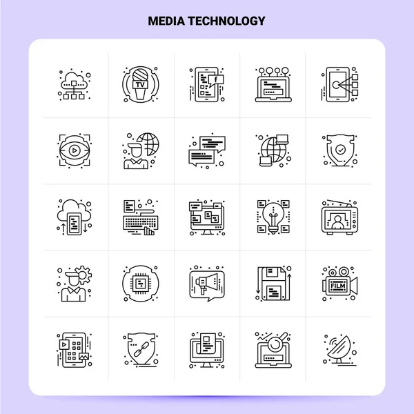 Esquema 25 Conjunto de iconos de tecnología de medios. Vector Línea Estilo Diseño B — Archivo Imágenes Vectoriales