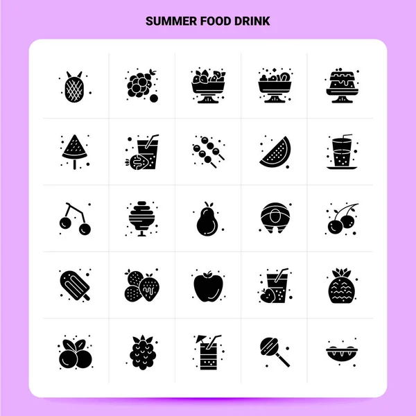 Conjunto de iconos de bebidas de comida de verano de 25 sólidos. Diseño de estilo de glifo vectorial B — Vector de stock